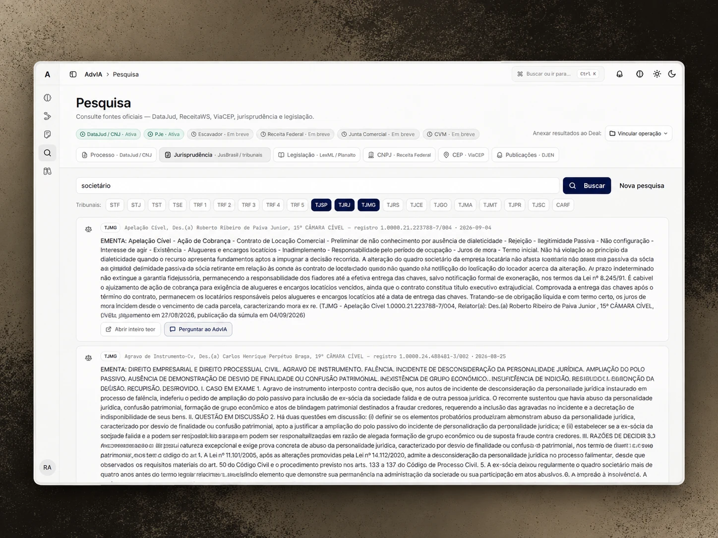 Tela real da Advia para advia para contencioso